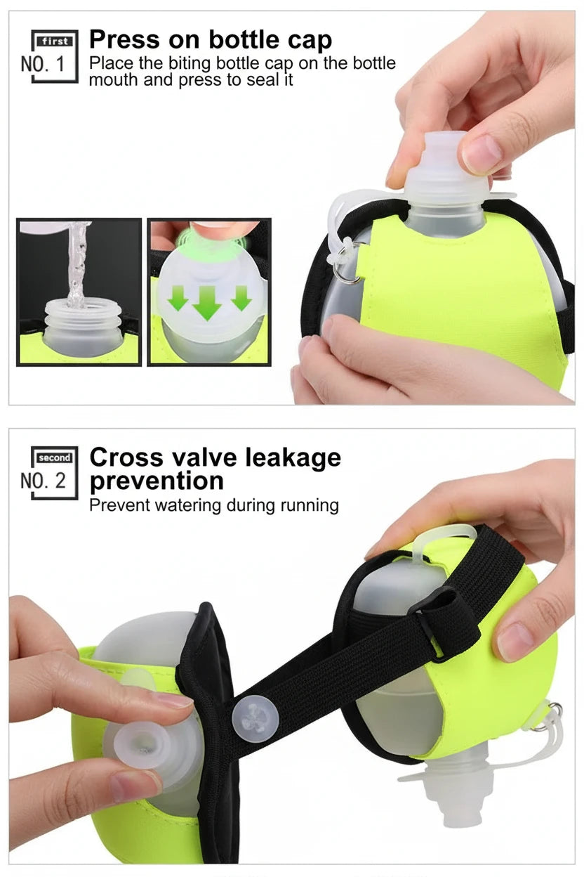 Botella de agua deportiva de silicona para correr, manos libres, plegable, a prueba de fugas