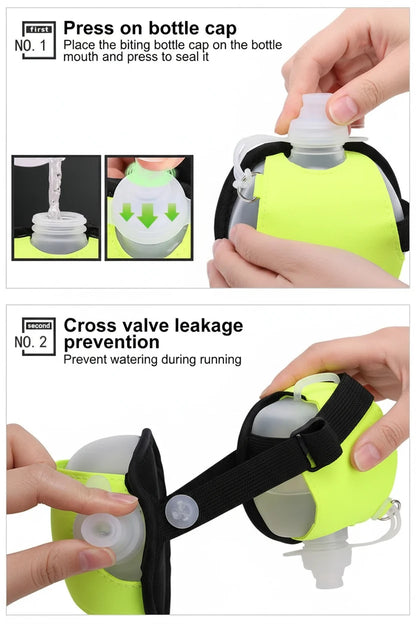 Botella de agua deportiva de silicona para correr, manos libres, plegable, a prueba de fugas