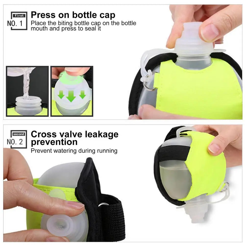 Botella de agua deportiva de silicona para correr, manos libres, plegable, a prueba de fugas
